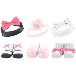 Hudson Baby Infant Girl 12Pc Headband And Socks Giftset, Pink Charcoal, One Size