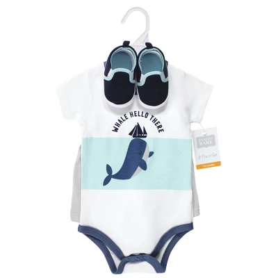 Hudson Baby Infant Boy Cotton Bodysuit, Shorts And Shoe Set, Underwater Whale 1 Hudson Baby Infant Boy Cotton Bodysuit, Shorts And Shoe Set, Underwater Whale