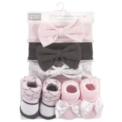 Hudson Baby Infant Girl Headband And Socks Set 5pk, Damask, 0-9 Months