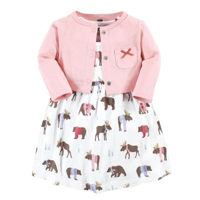 Hudson Baby Baby Girls Cotton Dress And Cardigan Set, Pink Moose Bear 5 Hudson Baby Baby Girls Cotton Dress And Cardigan Set, Pink Moose Bear - Image 5