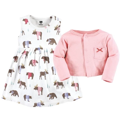 Hudson Baby Baby Girls Cotton Dress And Cardigan Set, Pink Moose Bear 2 Hudson Baby Baby Girls Cotton Dress And Cardigan Set, Pink Moose Bear - Image 2