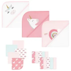 Hudson Baby Infant Girl Animal Hooded Towel 3pk And 15 Washcloths, Unicorn, One Size -Hudson Baby Store GUEST d39d35dd 985f 45de 8dbc c5362a1fd518