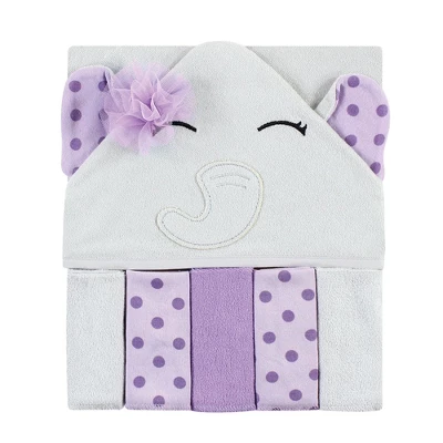 Hudson Baby Infant Girl Hooded Towel And Five Washcloths, Purple Dots Pretty Elephant, One Size 2 Hudson Baby Infant Girl Hooded Towel And Five Washcloths, Purple Dots Pretty Elephant, One Size - Image 2