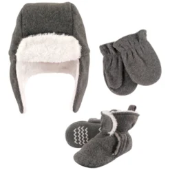 Hudson Baby Unisex Baby Trapper Hat, Mitten And Bootie Set, Heather Charcoal
