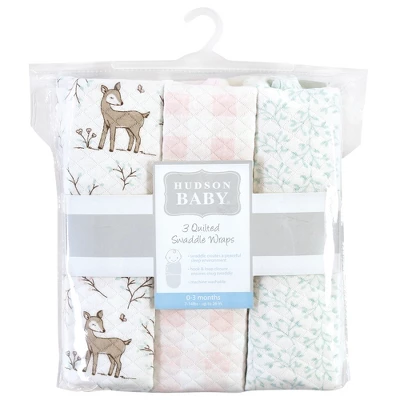 Hudson Baby Infant Girl Quilted Cotton Swaddle Wrap 3pk, Enchanted Forest, 0-3 Months 1 Hudson Baby Infant Girl Quilted Cotton Swaddle Wrap 3pk, Enchanted Forest, 0-3 Months