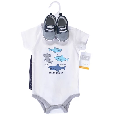 Hudson Baby Infant Boy Cotton Bodysuit, Shorts And Shoe 3pc Set, Shark Expert 1 Hudson Baby Infant Boy Cotton Bodysuit, Shorts And Shoe 3pc Set, Shark Expert