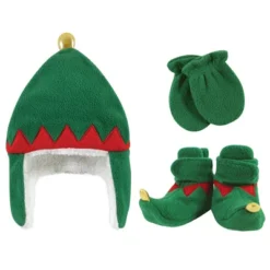 Hudson Baby 6Pc Trapper Hat, Mitten And Bootie Set, Green Elf Reindeer