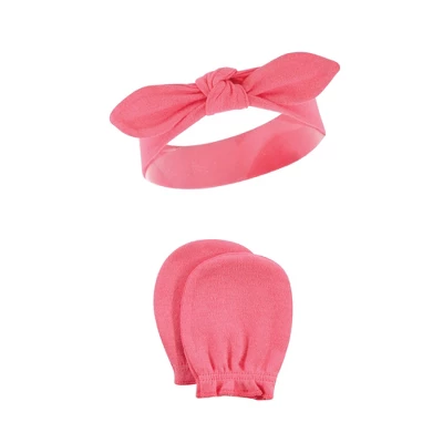 Hudson Baby Infant Girl Cotton Headband And Scratch Mitten Set, Flamingo, 0-6 Months 2 Hudson Baby Infant Girl Cotton Headband And Scratch Mitten Set, Flamingo, 0-6 Months - Image 2
