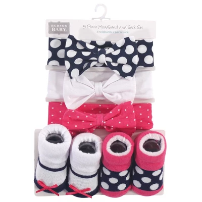 Hudson Baby Infant Girl Headband And Socks Set 5pk, Navy Pink Dot, 0-9 Months 1 Hudson Baby Infant Girl Headband And Socks Set 5pk, Navy Pink Dot, 0-9 Months