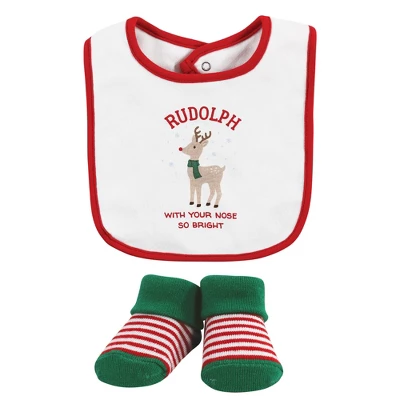 Hudson Baby Unisex Baby Cotton Bib And Sock Set, Rudolph, One Size 2 Hudson Baby Unisex Baby Cotton Bib And Sock Set, Rudolph, One Size - Image 2