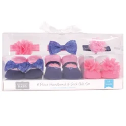 Hudson Baby Infant Girl Headband And Socks Giftset 6pc, Pink Navy Flower, One Size