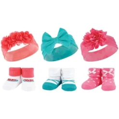 Hudson Baby Infant Girl 12Pc Headband And Socks Giftset, Teal Coral Teal Pink, One Size