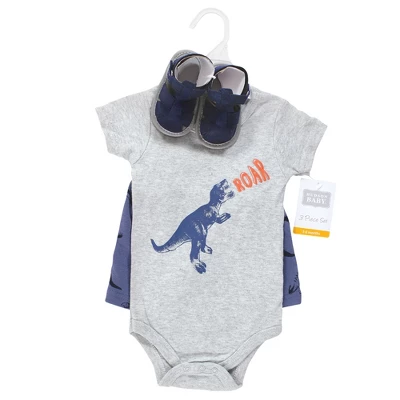 Hudson Baby Infant Boy Cotton Bodysuit, Shorts And Shoe Set, Dino Roar 1 Hudson Baby Infant Boy Cotton Bodysuit, Shorts And Shoe Set, Dino Roar