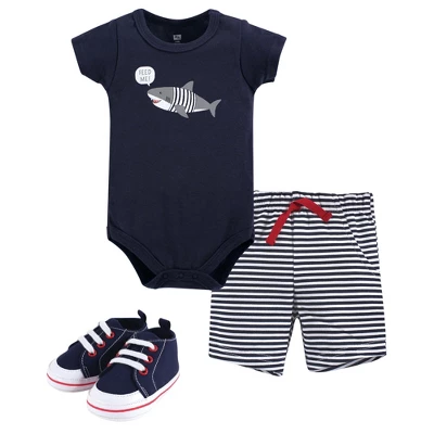 Hudson Baby Infant Boy Cotton Bodysuit, Shorts And Shoe 3pc Set, Blue Shark 4 Hudson Baby Infant Boy Cotton Bodysuit, Shorts And Shoe 3pc Set, Blue Shark - Image 4
